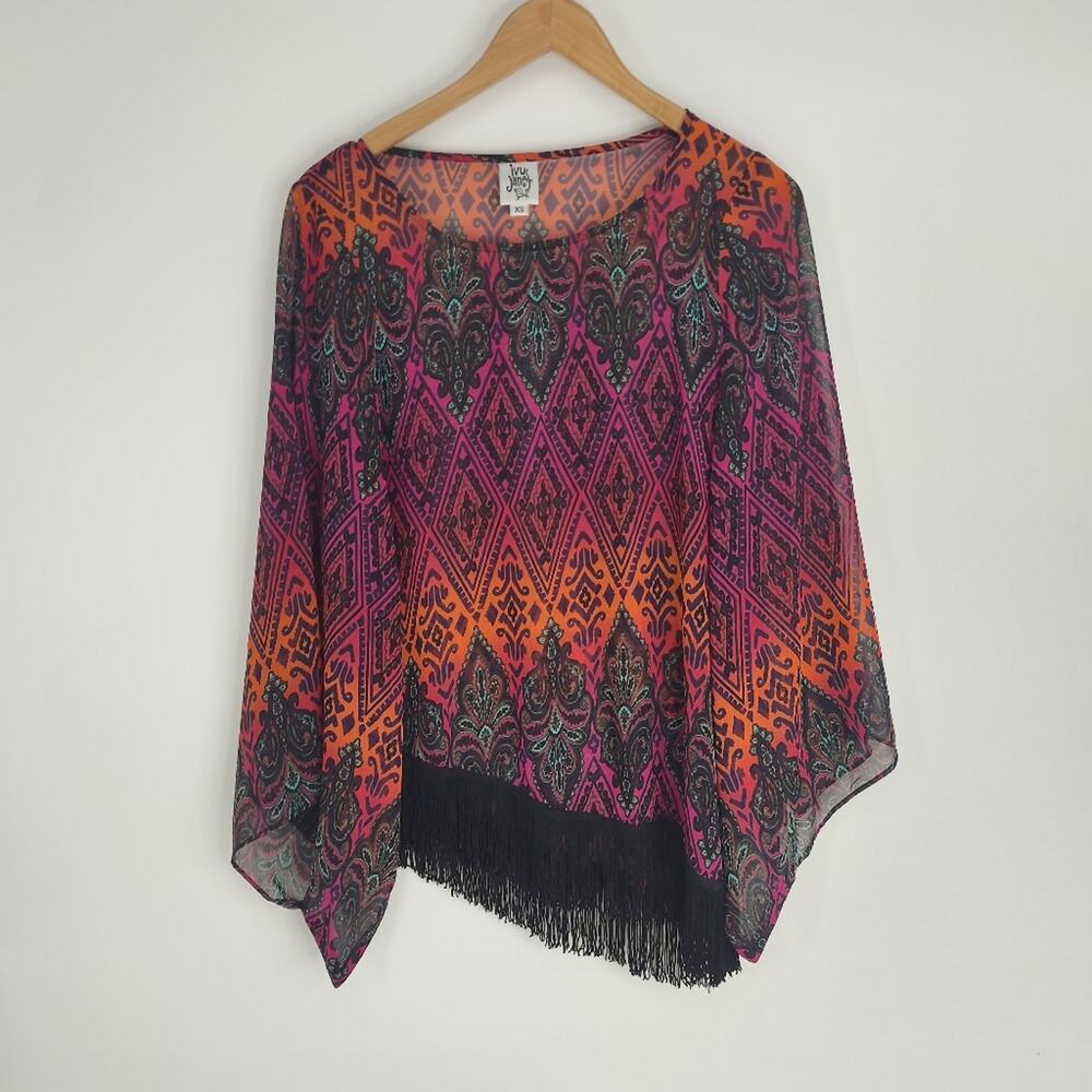 Ivy Jane Lightweight Chevron Pink Fringe Boho Top Tunic Boutique Size XS